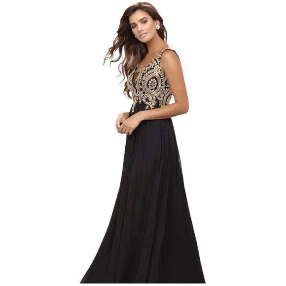 NOX Anabel Beaded V-Neck Lace Bodies Long Gown in Black/Gold Size XL 8343SC - Picture 1 of 9